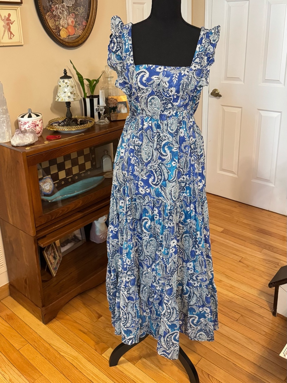 Mango Blue Paisley Square-Neck Maxi Dress with Ruffled Straps Size Medium